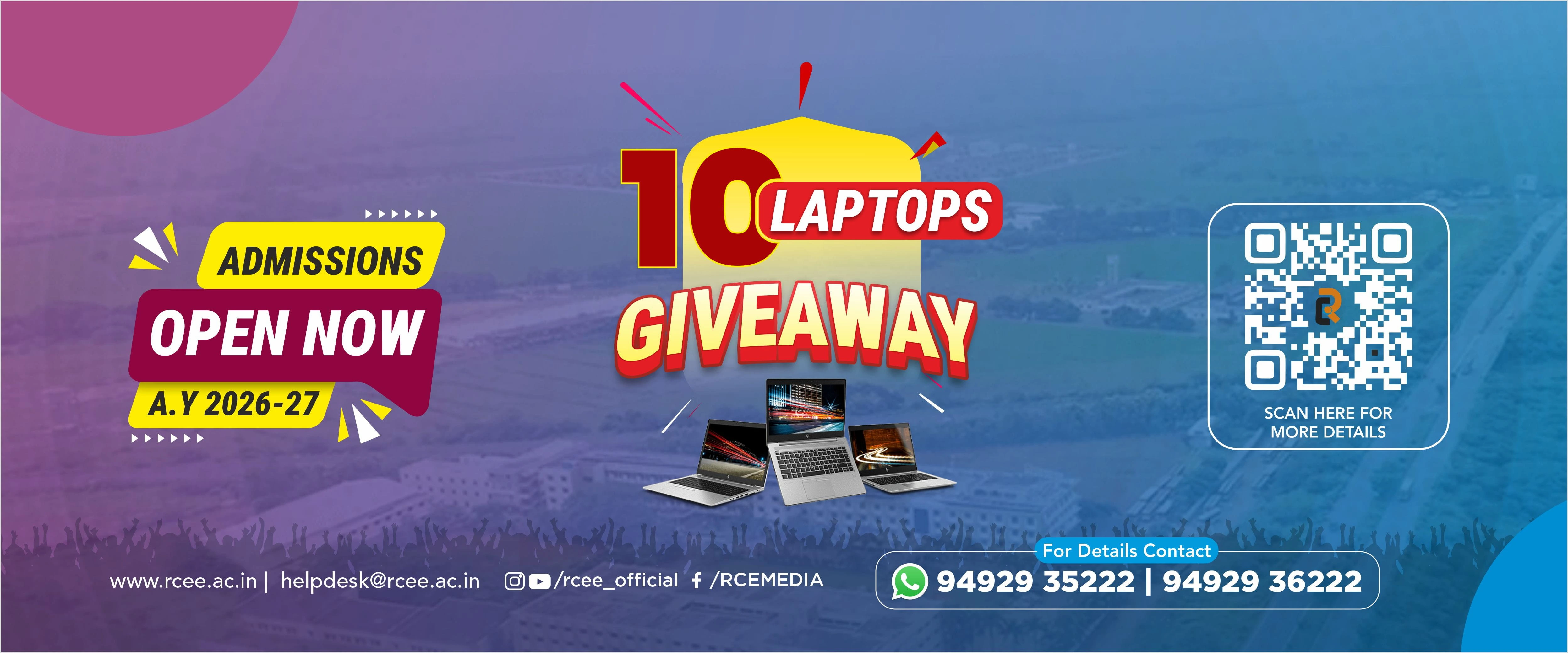 Admissions 2026–27 promotional banner featuring a “10 Laptops Giveaway” announcement, images of laptops, a QR code for details, and contact information on a purple‑blue gradient background.