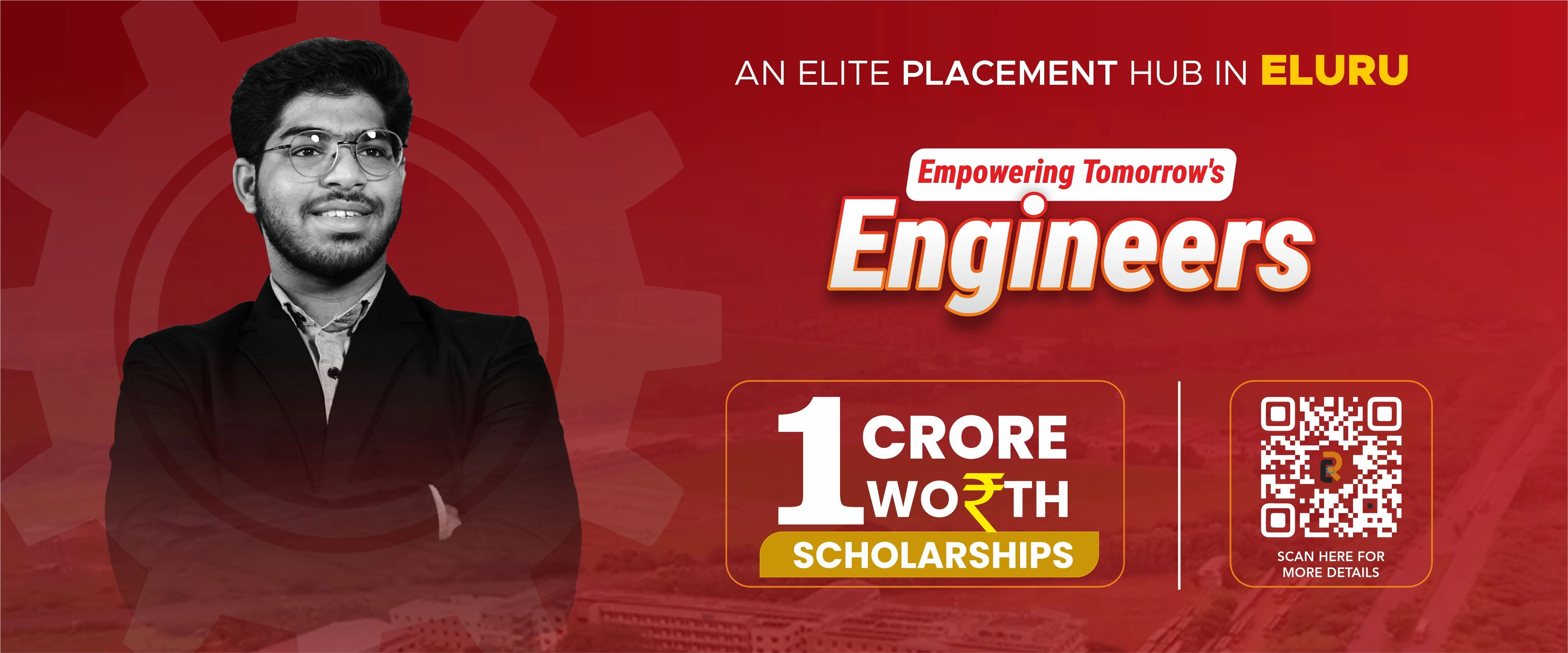 A professional engineering student standing confidently against a red background with gear graphics, promoting an elite placement hub in Eluru offering ₹1 crore worth scholarships, with a QR code for more details.
