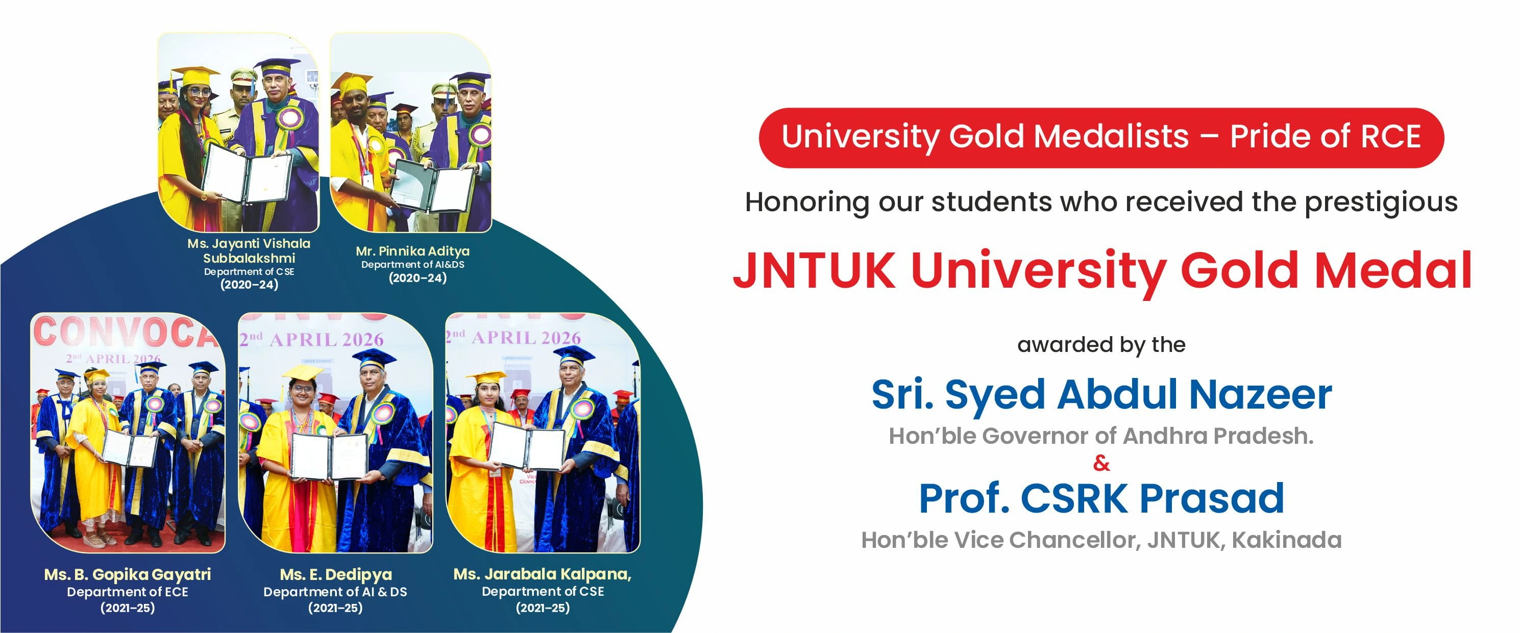 A celebratory banner showcasing RCE students honored with the prestigious JNTUK University Gold Medal, featuring award presentations by the Governor of Andhra Pradesh and the JNTUK Vice Chancellor, along with photos of the gold medal recipients from CSE, AI&DS, and ECE departments.