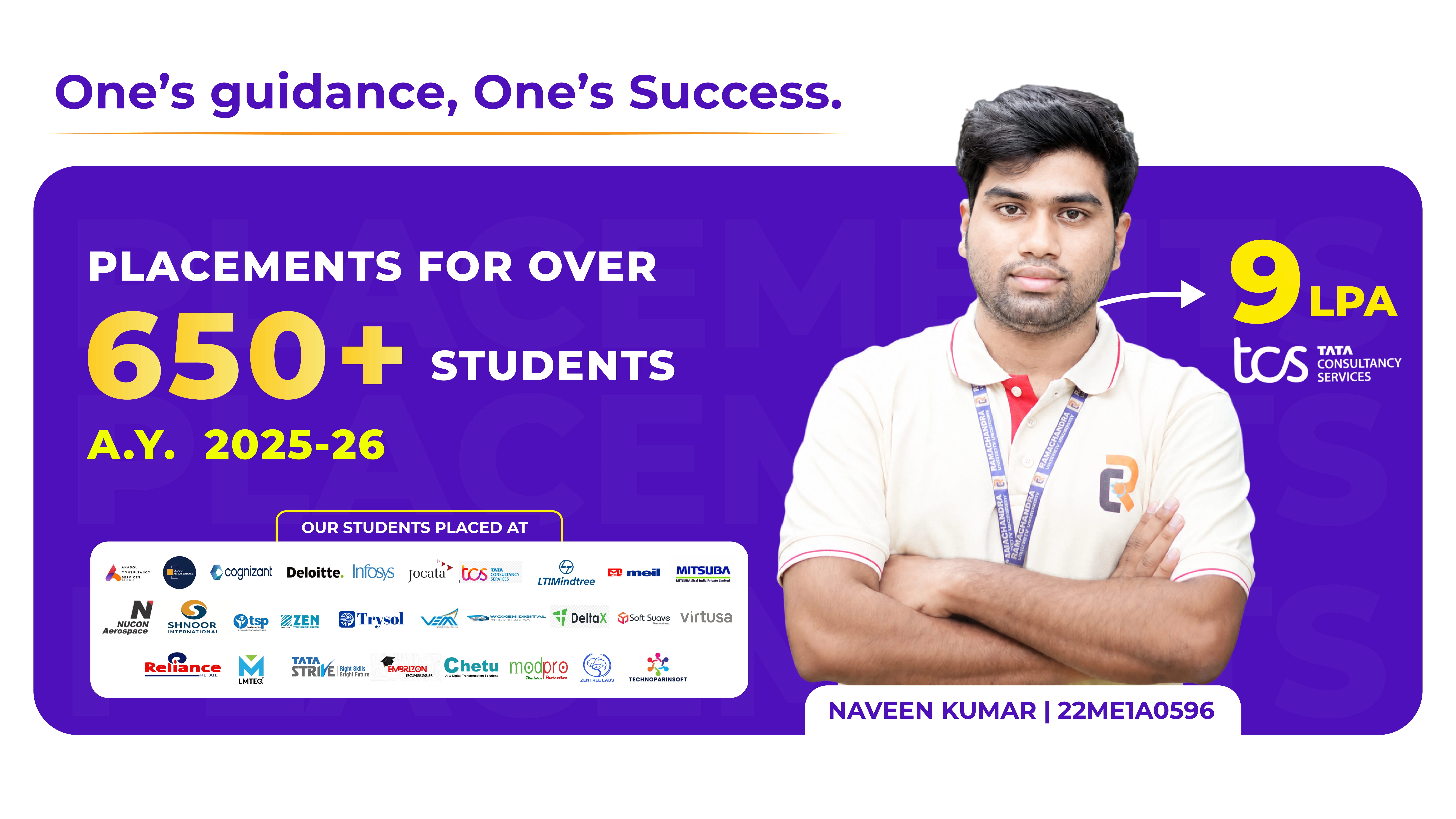 A confident engineering student posing with folded arms in a purple placement banner highlighting over 650+ student placements for A.Y. 2025‑26, featuring a 9 LPA TCS offer and logos of top recruiters like Cognizant, Deloitte, Infosys, Reliance, and Virtusa.