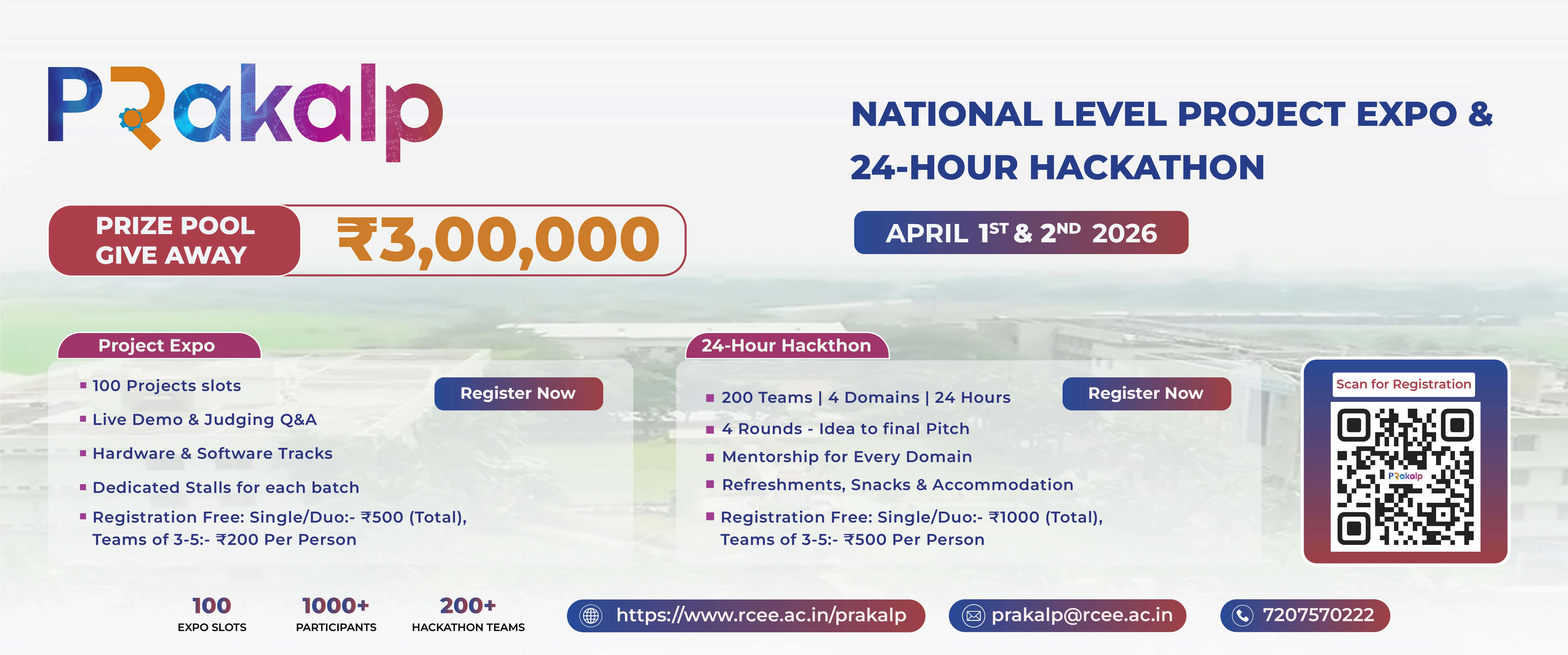 Prakalp National Level Project Expo and 24‑Hour Hackathon 2026 poster featuring ₹3,00,000 prize pool, event dates April 1–2, 2026, registration details for project expo and hackathon, 100 project slots, 200 hackathon teams, QR code for registration, and contact information from Ramachandra College of Engineering.